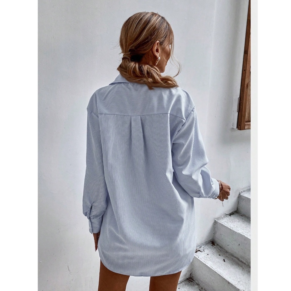Blue and White Striped Casual Oversized Button Down Shirt Front Pocket - Picture 4 of 8